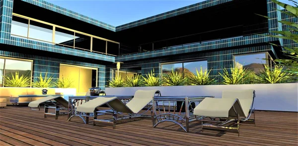Casa Campo Futurista Hecha Paneles Solares Patio Sombreado Con Tumbonas —  Fotos de Stock