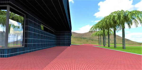 Red brick cobbled platform in front of the entrance to a unique futuristic building lined with photovoltaic panels. Green palm trees in the meadow. 3d render.