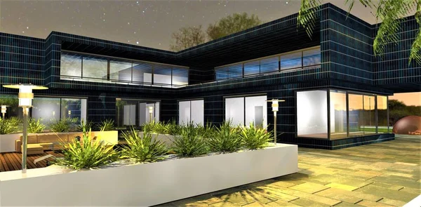 Impresionante Vista Nocturna Acogedor Patio Patio Una Casa Ecológica Con — Foto de Stock