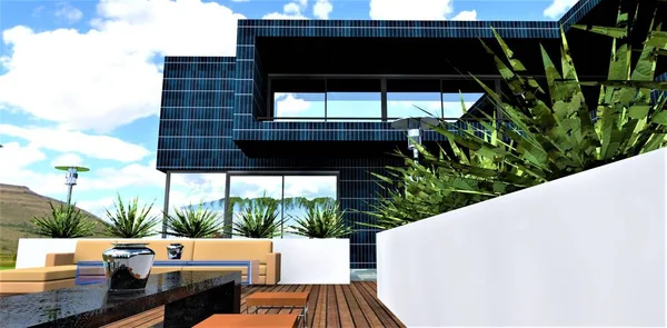 View from the patio of an eco-friendly country house with a solar panel exterior. The maximum amount of light energy is captured on the facade. 3d render.