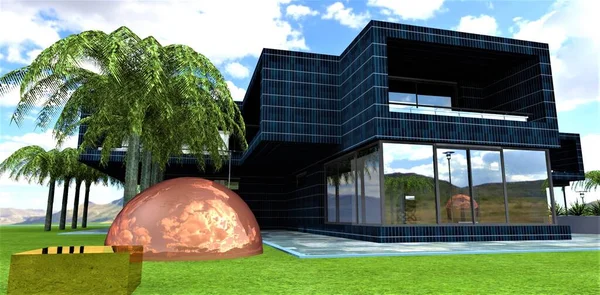 A copper ball and a golden box in a green clearing in front of a futuristic country house lined with photovoltaic panels. 3d render.
