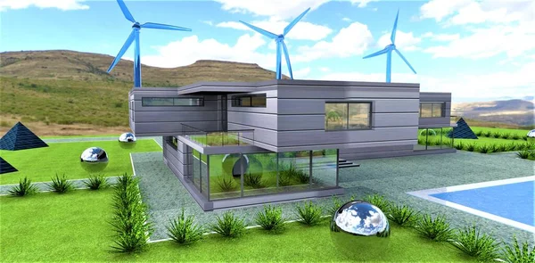 A post-apocalyptic country house located on a mountain plateau in an ecologically clean region of the planet. Spheres absorbing the energy of the sun. Wind turbines made of blue glass. 3d render.