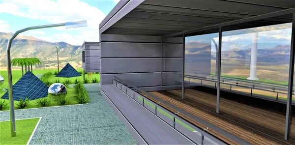 Advanced balcony design of an eco-friendly country house located in the mountains. The energy independence of real estate is provided by pyramidal innovative solar power plants. 3d render.