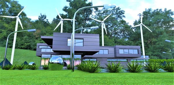 Autonomous lighting of a futuristic house with 12 Volt LED lamps from batteries located underground, charged from wind turbines in the backyard. 3d render.