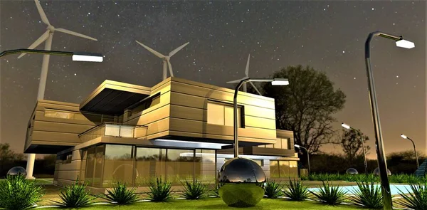 Sternennacht Über Einem Umweltfreundlichen Autonomen Landhaus Das Von Straßenlaternen Beleuchtet — Stockfoto