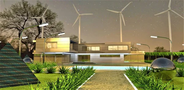 Night illumination of a modern home with low-power 12 volt lamps powered by batteries inside a pyramid covered with solar panels. Charge control is provided by the controller. 3d render.