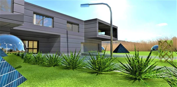 Lawn Bushes Front Entrance Eco Friendly Country House Autonomous Power — Stock Photo, Image