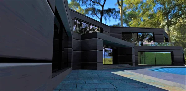 Antik bir parkta vahşi bir mimari. Standart olmayan şekilli ev, yenilikçi yalıtımlı estetik malzemeyle tamamlandı. Alüminyum kaplama uzun bir hizmet ömrü sağlar. 3d hazırlayıcı.