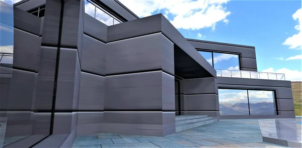 Koncepcyjny Design Stylowej Werandy Ekologicznego Wiejskiego Domu Elewacja Zewnętrzna Pokryta — Zdjęcie stockowe