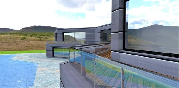Glasgeländer Für Einen Balkon Entlang Eines Neubaus Von Ungewöhnlicher Form — Stockfoto