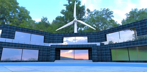 Tuuliturbiinin Aurinkopaneelien Yhdistelmä Julkisivulla Takaa Tarpeettoman Energiaomavaraisuuden Kestävälle Rakennukselle Lähitulevaisuudessa — kuvapankkivalokuva