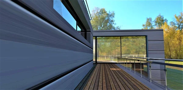 Comfortable balcony with deck board as a floor covering. Stylish wall decoration with metal panels. Glass railing. Wonderful autumn day. 3d render.