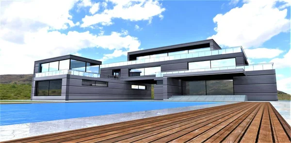 Decking Intorno Una Spaziosa Piscina Una Splendida Casa Futuristica Con — Foto Stock