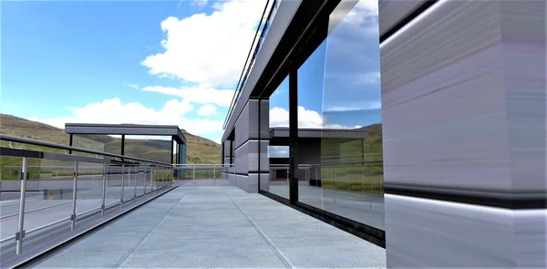 Elegante Terraço Com Piso Concreto Grande Janela Panorâmica Três Câmaras — Fotografia de Stock