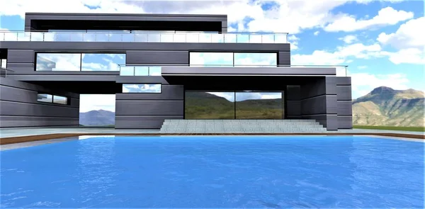 The concept of a country house on a mountain plateau. Bassien with clear blue water. The walls of the building are finished with energy-efficient aesthetic material. 3d render.