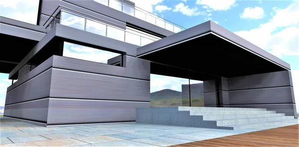 Das Konzept Einer Stilvollen Veranda Eines Futuristischen Privathauses Das Visier — Stockfoto