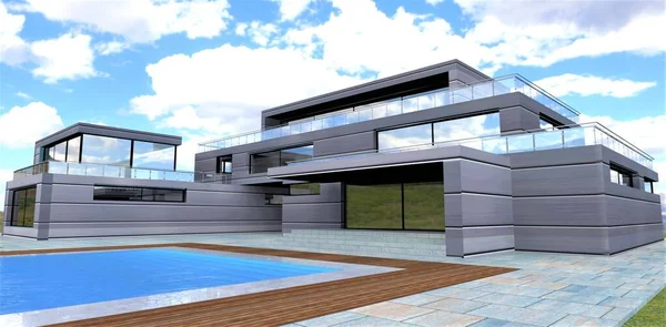 A futuristic masterpiece of architectural art. The concept of a country house with a pool. The facade is finished with an innovative composite material. 3d render.