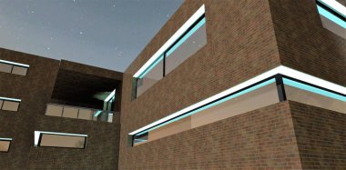 Pencere kemerlerinin gece LED aydınlatması bir kır evinin dış görünüşünü daha çekici kılıyor. Özellikle eski bir tuğla duvarda iyi duruyor. 3d oluşturma.