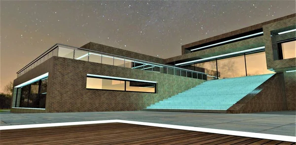 Eleganckie Nocne Oświetlenie Betonowych Schodów Tereny Zaawansowanej Technologicznie Posiadłości Wykonanej — Zdjęcie stockowe