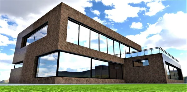 Newly built low-rise office building in an environmentally friendly area. Mirror panoramic heat-saving windows. Spacious Adjacent green lawn. 3d rendering.