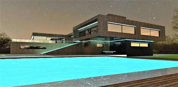 A fabulous illuminated pool that makes you want to swim in. The old clay brick house looks aesthetically pleasing and rich with LED lighting. 3d rendering.