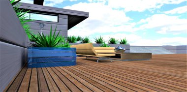 Ayaklar için rahat, dinlenme alanında çevre dostu doğal süslemeler, gelecekten gelen bir evin bahçesinde mobilya ve bitkilerle dolu rahat bir teras. 3d oluşturma.