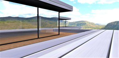 Dağ manzaralı fütüristik balkon. İçinde termoverimli kompozit bulunan çinko cephe kaplamasını bitiriyorum. Çevre dostu güverte tahtası. 3d oluşturma.