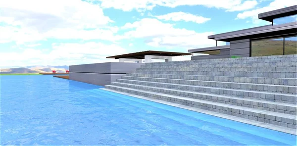 A swimming pool extending into the distance on the roof of a stylish hotel in the mountains. The steps of the concrete staircase are visible under the blue transparent water. 3d rendering.