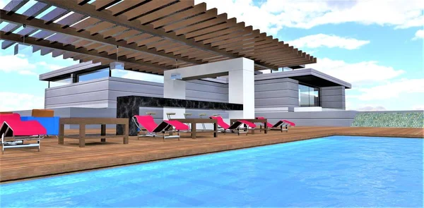 Pool decked in a stylish private estate. Burgundy sun loungers near the black marble bar in a cozy patio. 3d rendering.