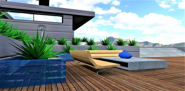 Gazebo Acolhedor Elegante Com Móveis Confortáveis Plantas Brilhantes Terraço Pátio — Fotografia de Stock