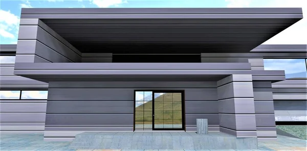 Waste bin on the porch of a futuristic country house. Automatic door with glass inserts. On top of the balcony finished with a composite material with a steel coating. 3d rendering.