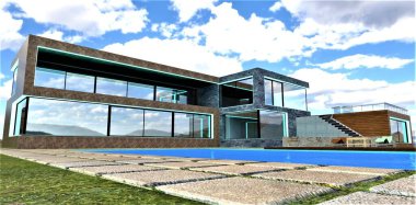 LED şeritli pencere kemerlerinin gündüz aydınlatması, evin minimalist tarzının mimari çizgilerinin akşam ve berraklığını vurguluyor. 3d oluşturma.