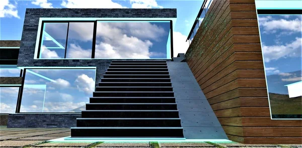 Escadaria Concreto Com Risers Mármore Preto Até Terraço Uma Elegante — Fotografia de Stock