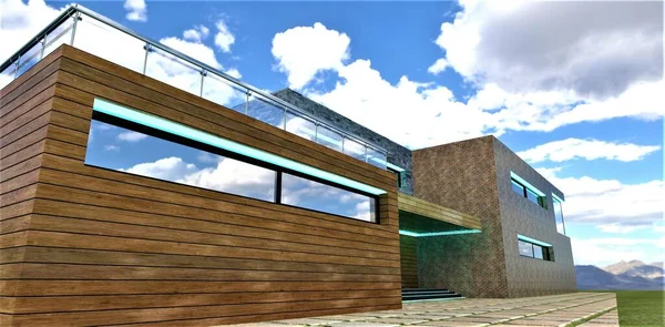 Tagesbeleuchtung Der Fassade Eines Landhauses Mit Led Streifen Wanddekoration Mit — Stockfoto