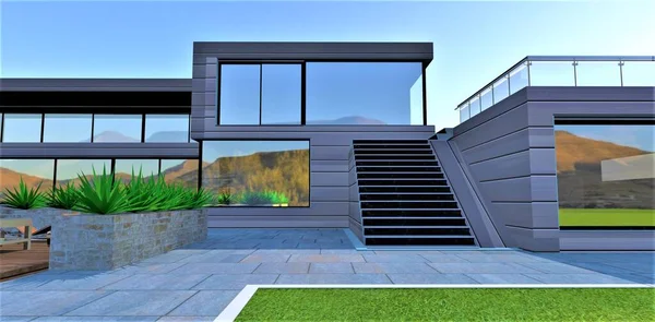 Escalier Design Élégant Deuxième Étage Vers Terrasse Une Maison Campagne — Photo