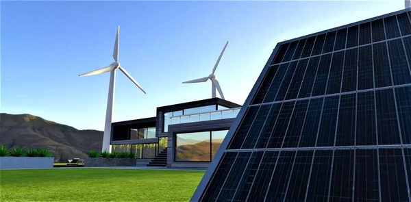 Solar panel. Near view. Green meadow with a wonderful eco-friendly house. Behind are high-performance silent wind generators. Renewable energy saves the world. 3d rendering.