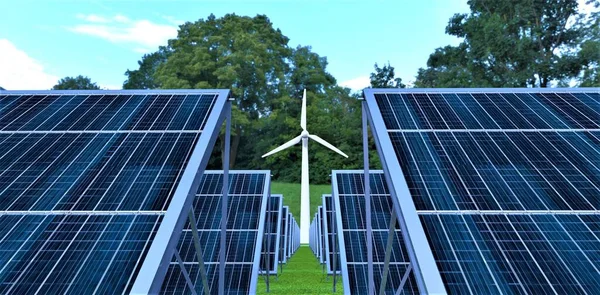 Solar panels and wind generator on the back. Choice of an alternative energy source for autonomous power supply of a modern estate. 3d rendering.