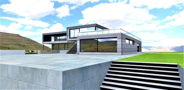楼梯通往一座未来派建筑的庭院 大的混凝土铺路工在地面上 多汁的绿色草坪 3D渲染 — 图库照片