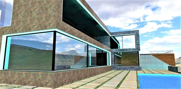 日间设有Led条的乡郊房屋的窗户开口 灯饰别致 巨大的混凝土铺路工在游泳池旁边 3D渲染 — 图库照片