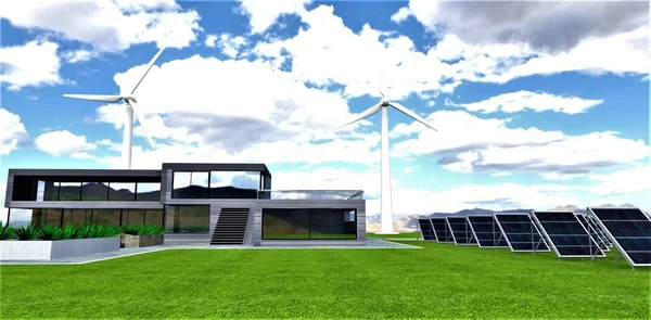 The blades of high wind turbines are hidden in white clouds above a technological estate in an ecologically clean area in the mountains. Several rows of solar panels on the lawn near the house. 3d rendering.