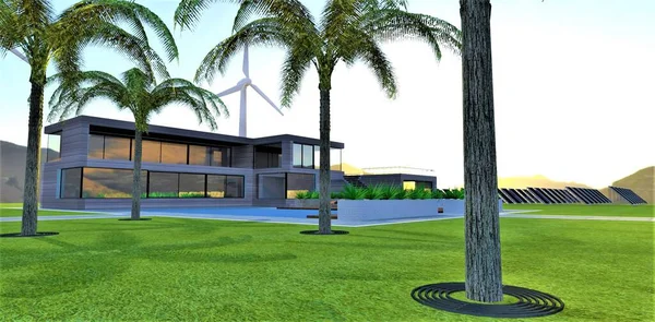 从棕榈树后面眺望山中美丽的环境友好型住宅 能量由低振动风力涡轮机和太阳能电池板提供 3D渲染 — 图库照片