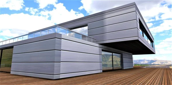 Metal decoration of the facade of a futuristic building. The cantilevered third level is also a canopy for the sunken terrace on the second level. 3d rendering.