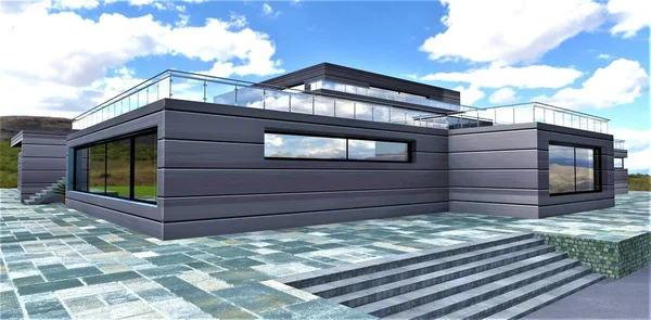 时尚流行的黑色和灰色方块石板铺在房子前面的金属表面 舒适的混凝土楼梯 3D渲染 — 图库照片