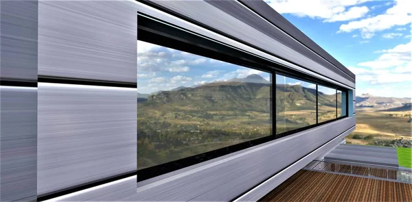 The concept of a panoramic window of a futuristic private house. Six-chamber heat-saving double-glazed window. High reflectivity. Finishing the facade with a metal alloy. 3d rendering.