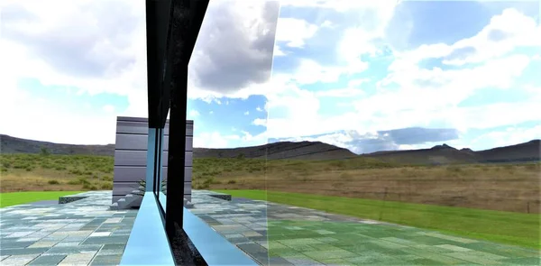 The distorted environment is reflected in the panoramic window of an advanced private house. Boring landscape and cloudy sky. 3d rendering.