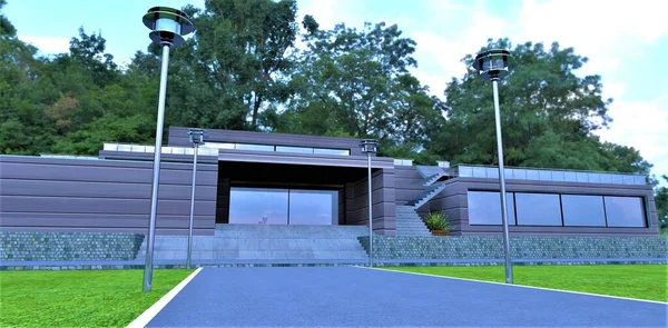 Estrada Para Alpendre Uma Espaçosa Casa Privada Parque Verde Borda — Fotografia de Stock