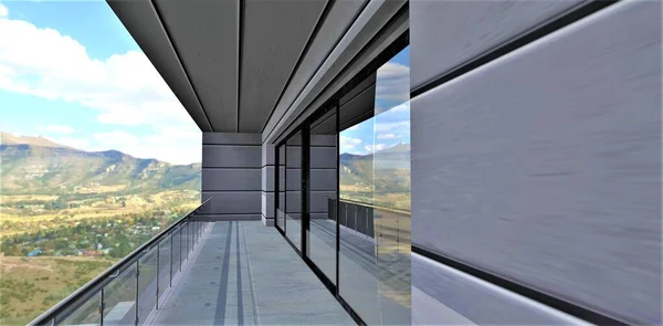 The concept of an advanced balcony with a concrete floor and walls finished with aluminum panels with insulation. Glass railing. Amazing mountain village below. 3d rendering.