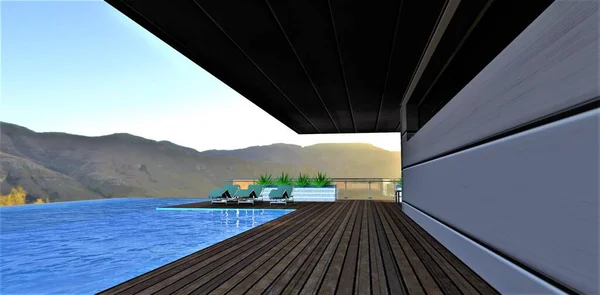 Terrace board on the roof next to the pool. Aluminum clad wall. Three sun loungers in the recreation area. View of the mountain landscape. 3d rendering.