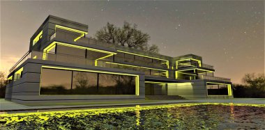 Düşük katlı, sarı ışıklı bir ofis için özel dış ışıklandırma tasarımı. LED şeridi metalleşmiş cephenin estetiğini vurguluyor. 3d oluşturma.