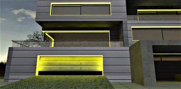 Eingang Zur Garage Eines Privaten Landhauses Mit Gelbem Licht Mehrfarbige — Stockfoto